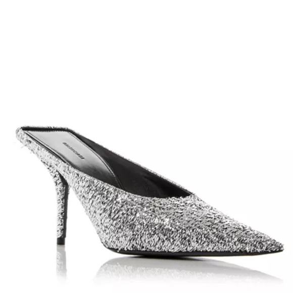 Balenciaga Knife Glitter High Heel Mules in Silver Titanium Size 36 New in Box - Picture 1 of 15